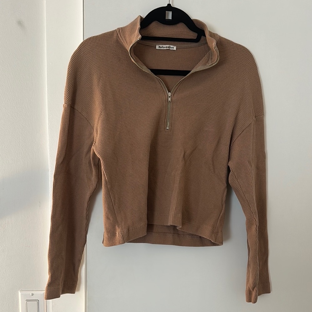 Reformation Brown Cropped Polo Sweatshirt